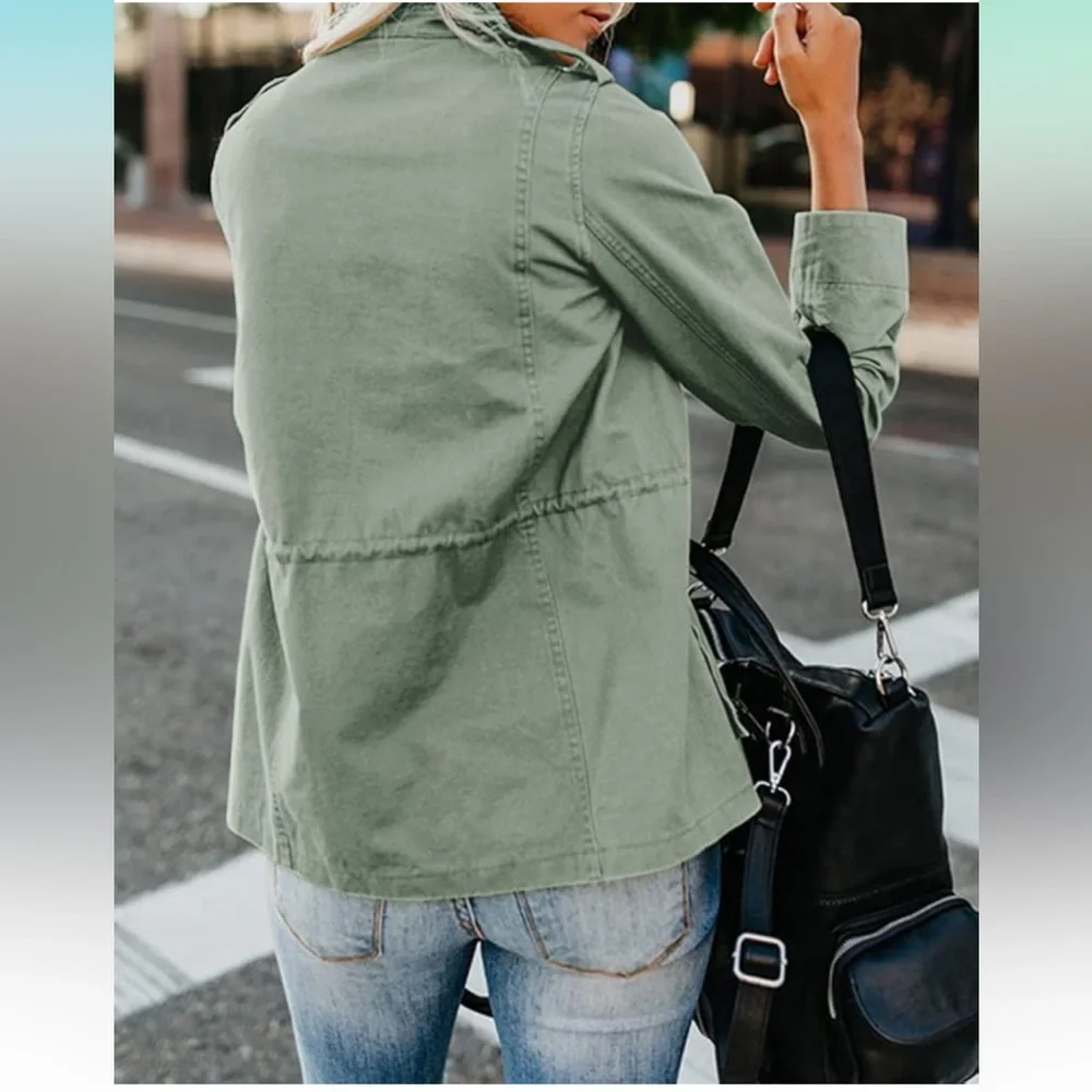 Women’s Military Jacket Zip Up Snap Button with Pockets - Picture 2 of 5